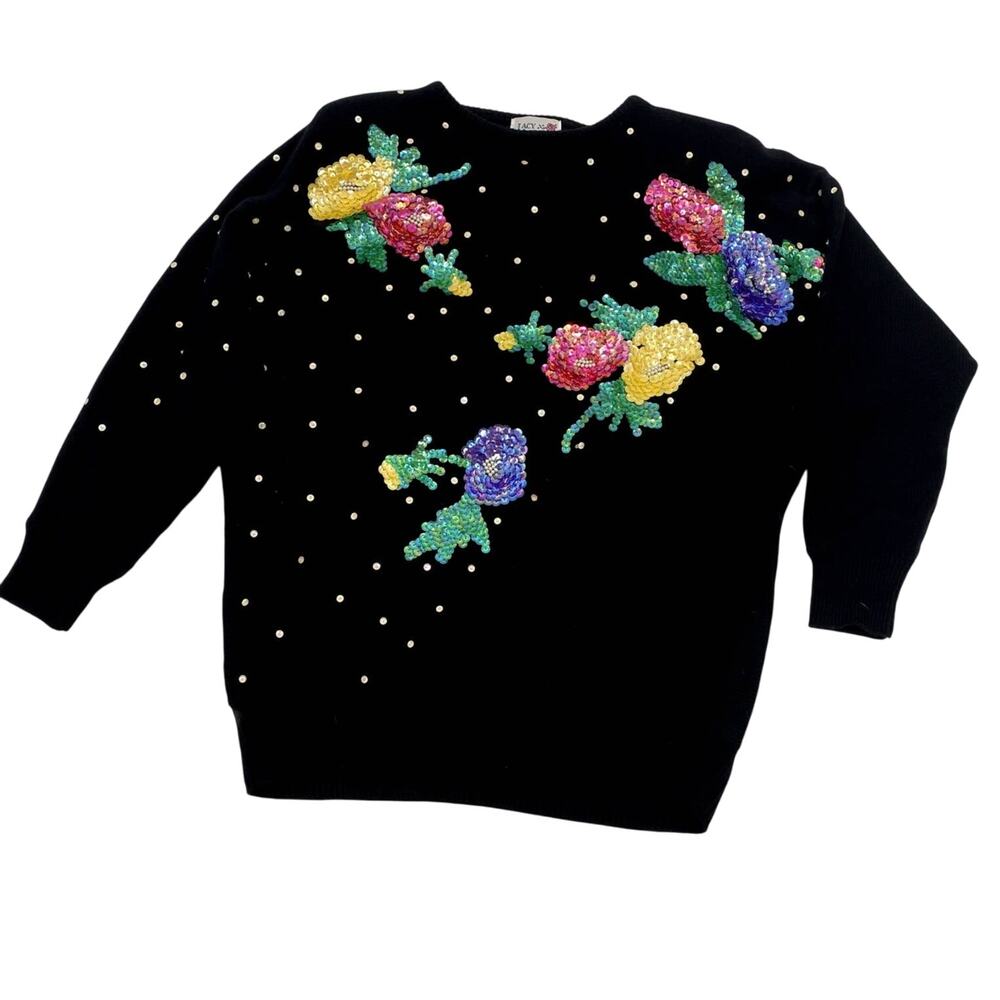 80s Vintage Lacy After Noon Black Floral Sequin Long Sleeve Sweater Women's Sz S